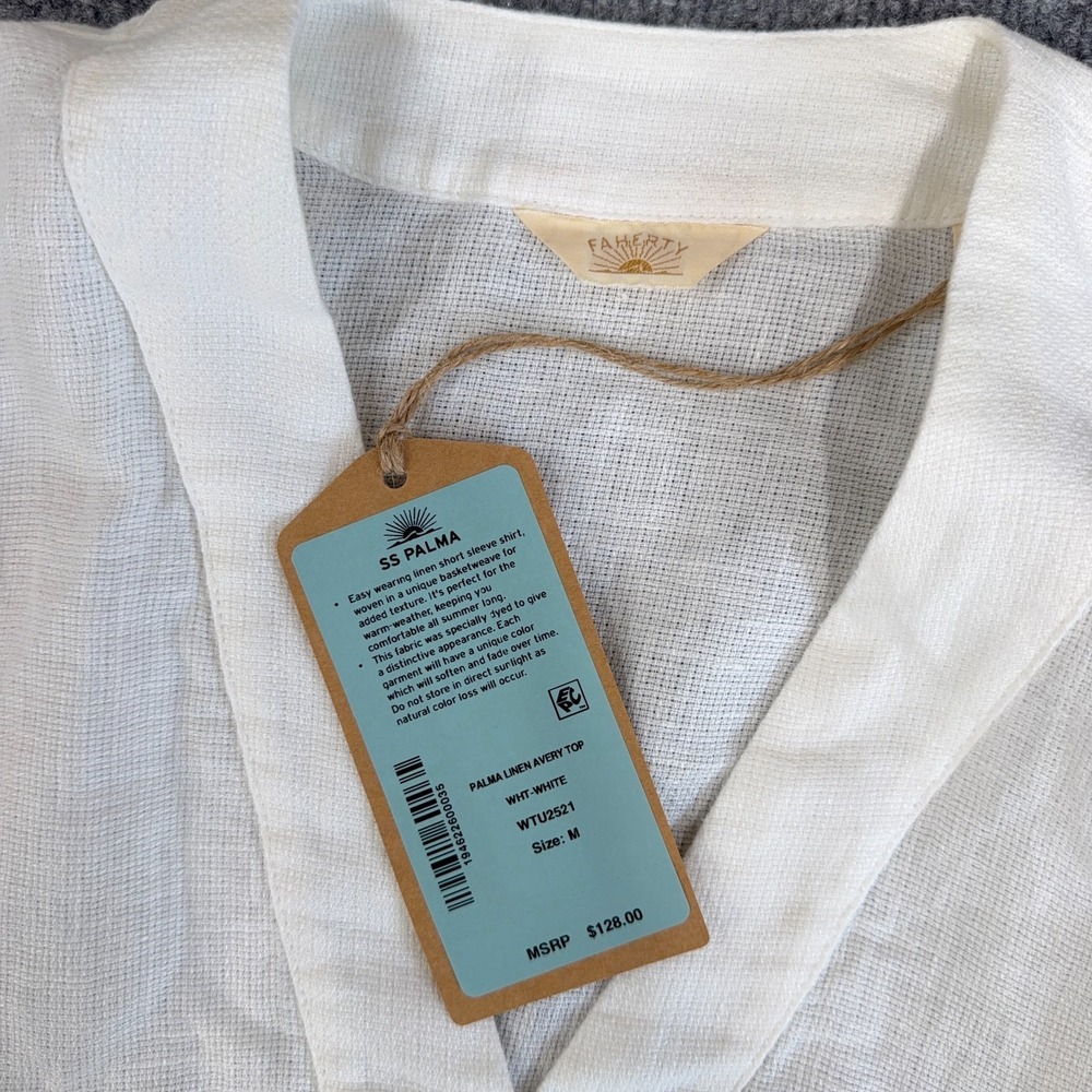 Faherty Top Women Medium Bright White Palma Linen Avery Shirt Cropped Button NEW - Picture 3 of 10